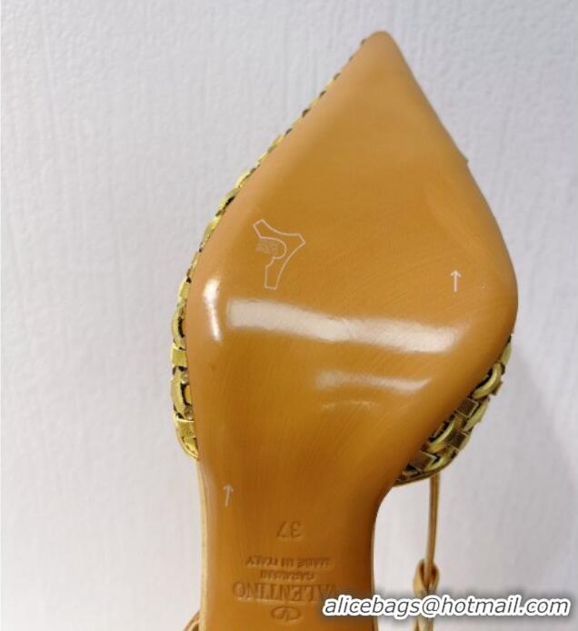 Shop Duplicate Valentino VLogo Slingback Pumps 7.5cm in Woven Calfskin with Crystals Gold 027029