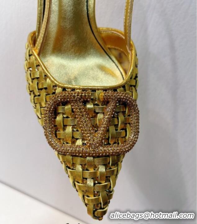 Shop Duplicate Valentino VLogo Slingback Pumps 7.5cm in Woven Calfskin with Crystals Gold 027029