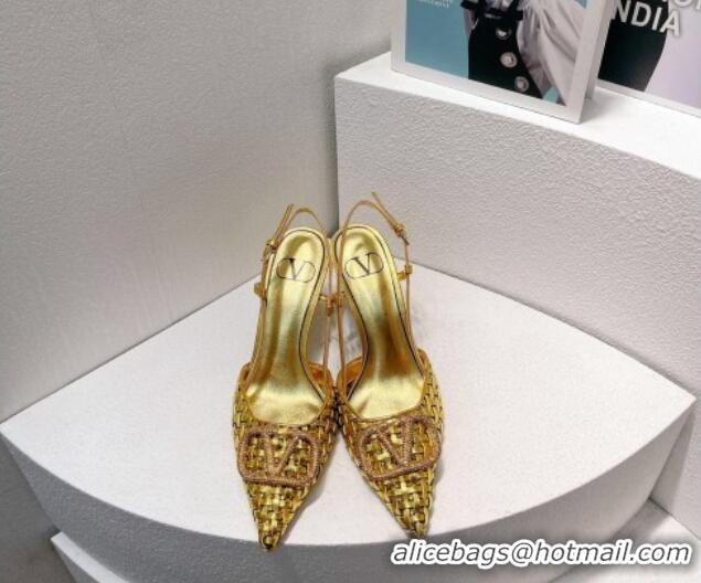 Shop Duplicate Valentino VLogo Slingback Pumps 7.5cm in Woven Calfskin with Crystals Gold 027029