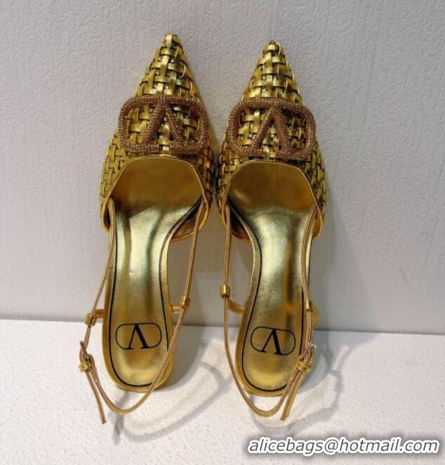 Shop Duplicate Valentino VLogo Slingback Pumps 7.5cm in Woven Calfskin with Crystals Gold 027029