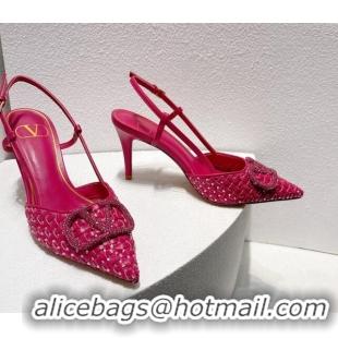 Purchase Valentino VLogo Slingback Pumps 7.5cm in Woven Calfskin with Crystals Dark Pink 027030