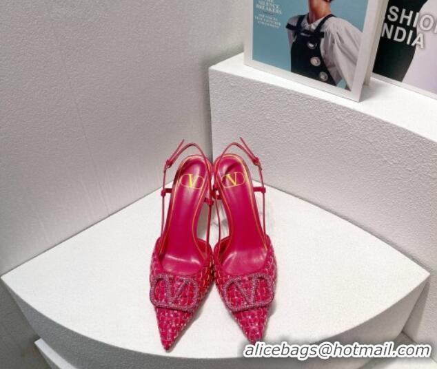 Purchase Valentino VLogo Slingback Pumps 7.5cm in Woven Calfskin with Crystals Dark Pink 027030