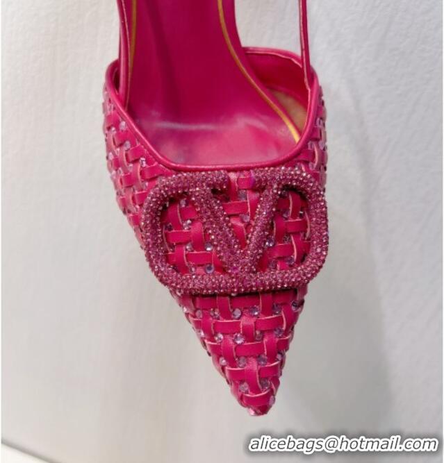 Purchase Valentino VLogo Slingback Pumps 7.5cm in Woven Calfskin with Crystals Dark Pink 027030