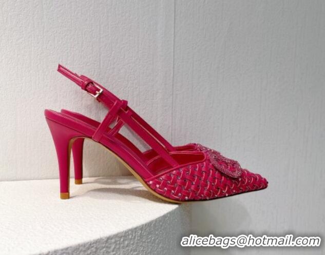 Purchase Valentino VLogo Slingback Pumps 7.5cm in Woven Calfskin with Crystals Dark Pink 027030