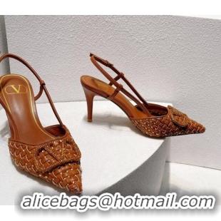 Low Cost Valentino VLogo Slingback Pumps 7.5cm in Woven Calfskin with Crystals Brown 027031