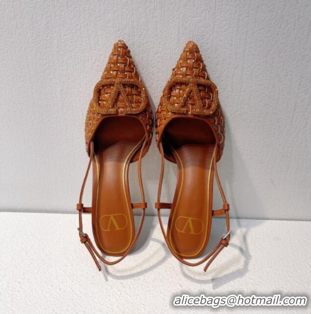 Low Cost Valentino VLogo Slingback Pumps 7.5cm in Woven Calfskin with Crystals Brown 027031