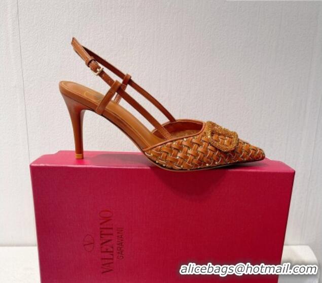 Low Cost Valentino VLogo Slingback Pumps 7.5cm in Woven Calfskin with Crystals Brown 027031