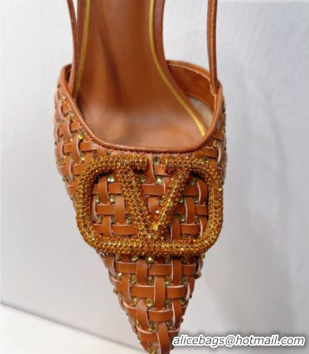 Low Cost Valentino VLogo Slingback Pumps 7.5cm in Woven Calfskin with Crystals Brown 027031