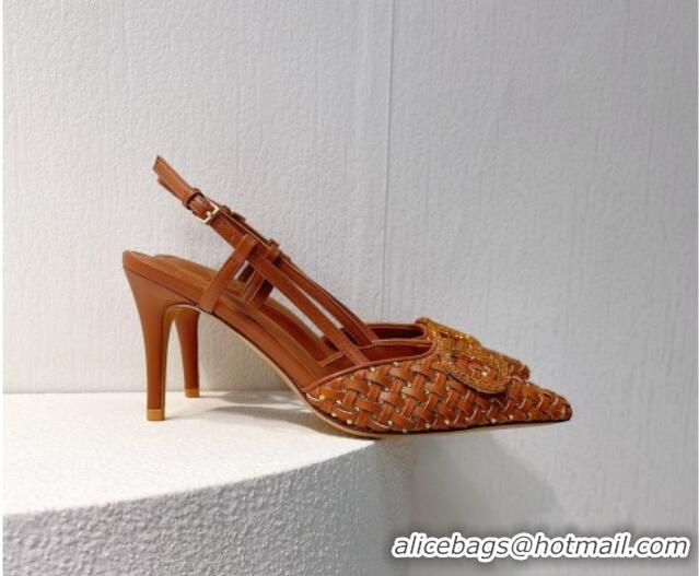 Low Cost Valentino VLogo Slingback Pumps 7.5cm in Woven Calfskin with Crystals Brown 027031