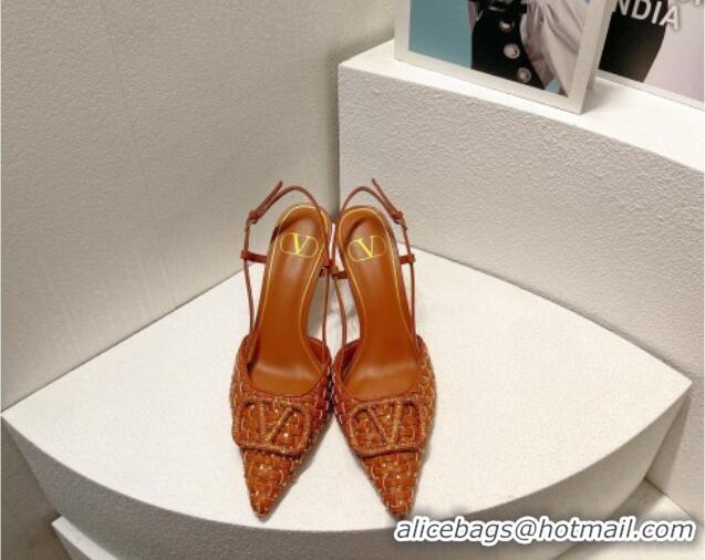 Low Cost Valentino VLogo Slingback Pumps 7.5cm in Woven Calfskin with Crystals Brown 027031