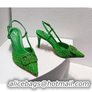 Best Product Valentino VLogo Slingback Pumps 7.5cm in Woven Calfskin with Crystals Green 027032