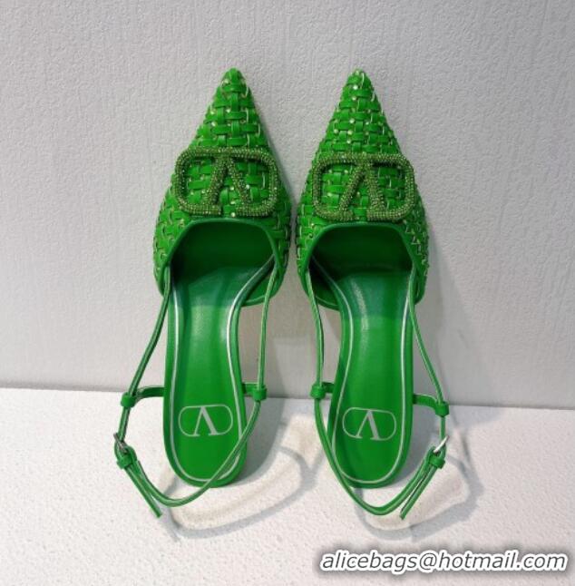 Best Product Valentino VLogo Slingback Pumps 7.5cm in Woven Calfskin with Crystals Green 027032