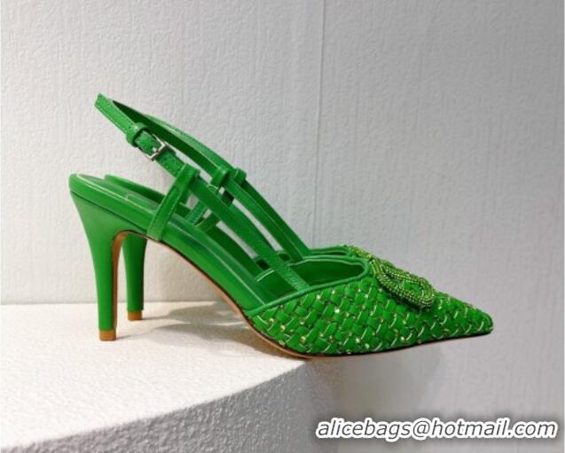 Best Product Valentino VLogo Slingback Pumps 7.5cm in Woven Calfskin with Crystals Green 027032