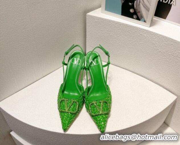 Best Product Valentino VLogo Slingback Pumps 7.5cm in Woven Calfskin with Crystals Green 027032