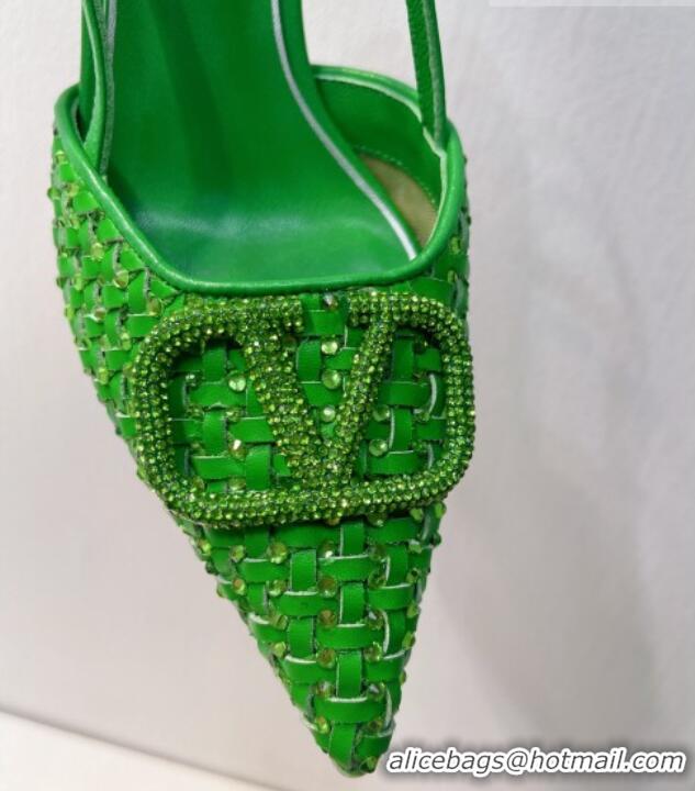 Best Product Valentino VLogo Slingback Pumps 7.5cm in Woven Calfskin with Crystals Green 027032