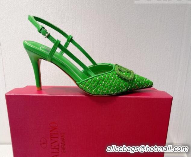 Best Product Valentino VLogo Slingback Pumps 7.5cm in Woven Calfskin with Crystals Green 027032