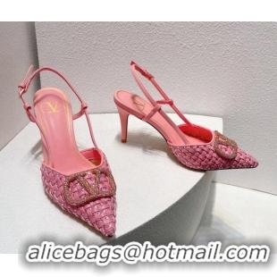 Durable Valentino VLogo Slingback Pumps 7.5cm in Woven Calfskin with Crystals Light Pink 027033