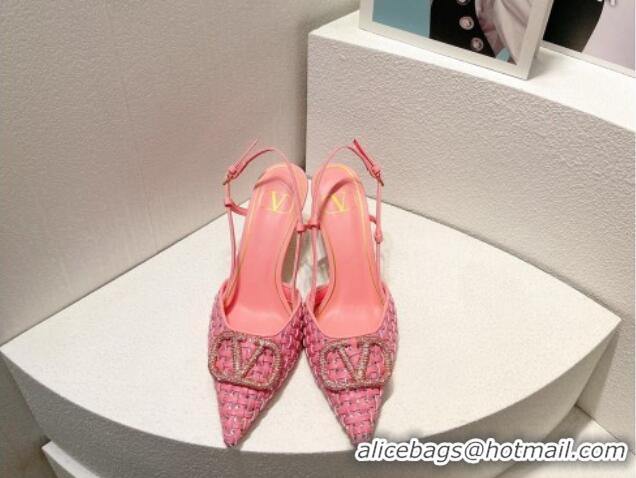 Durable Valentino VLogo Slingback Pumps 7.5cm in Woven Calfskin with Crystals Light Pink 027033