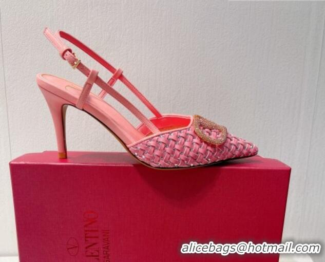 Durable Valentino VLogo Slingback Pumps 7.5cm in Woven Calfskin with Crystals Light Pink 027033