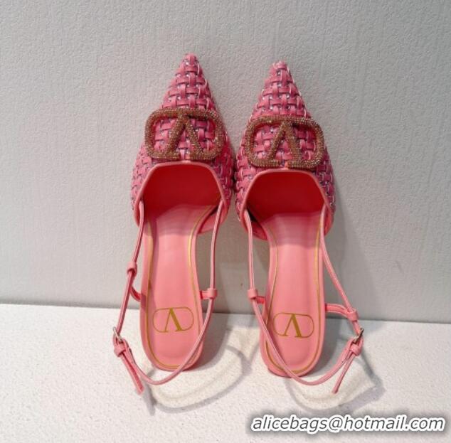 Durable Valentino VLogo Slingback Pumps 7.5cm in Woven Calfskin with Crystals Light Pink 027033