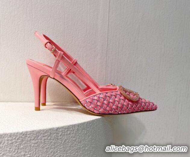 Durable Valentino VLogo Slingback Pumps 7.5cm in Woven Calfskin with Crystals Light Pink 027033