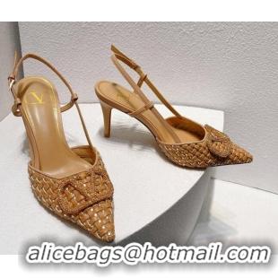 Lowest Price Valentino VLogo Slingback Pumps 7.5cm in Woven Calfskin with Crystals Beige 027034