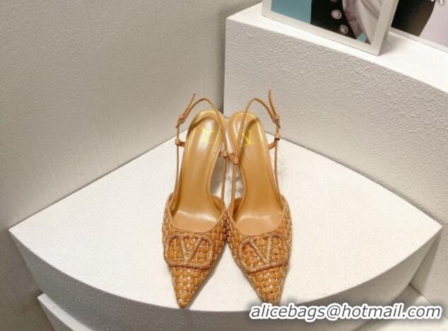 Lowest Price Valentino VLogo Slingback Pumps 7.5cm in Woven Calfskin with Crystals Beige 027034