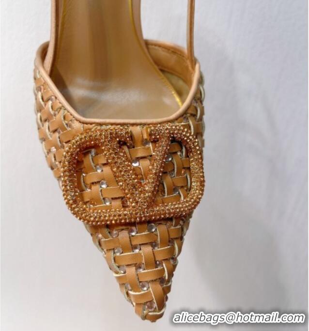 Lowest Price Valentino VLogo Slingback Pumps 7.5cm in Woven Calfskin with Crystals Beige 027034