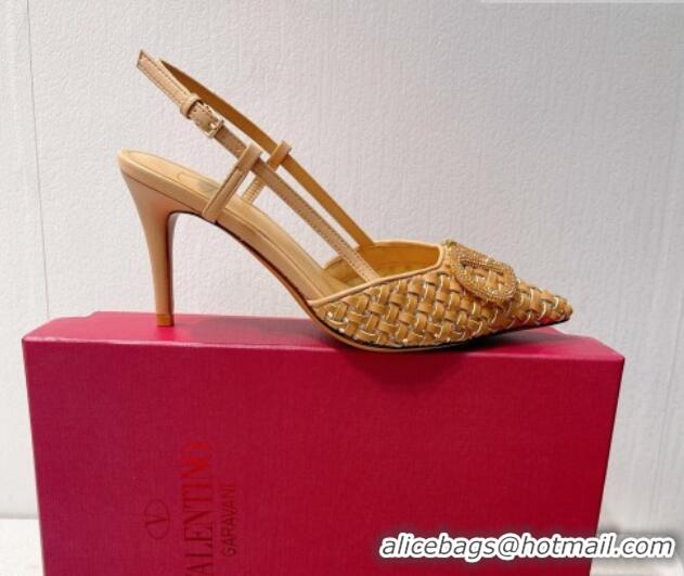 Lowest Price Valentino VLogo Slingback Pumps 7.5cm in Woven Calfskin with Crystals Beige 027034