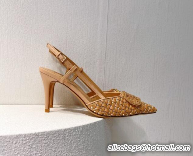 Lowest Price Valentino VLogo Slingback Pumps 7.5cm in Woven Calfskin with Crystals Beige 027034