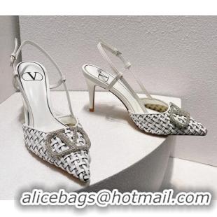 Most Popular Valentino VLogo Slingback Pumps 7.5cm in Woven Calfskin with Crystals White 027035