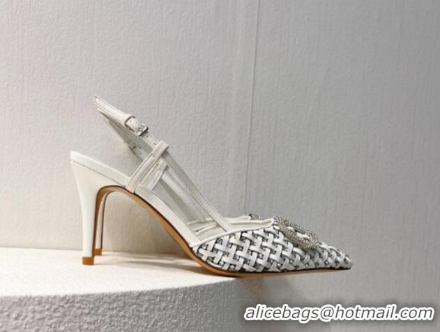 Most Popular Valentino VLogo Slingback Pumps 7.5cm in Woven Calfskin with Crystals White 027035