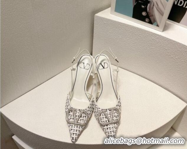 Most Popular Valentino VLogo Slingback Pumps 7.5cm in Woven Calfskin with Crystals White 027035