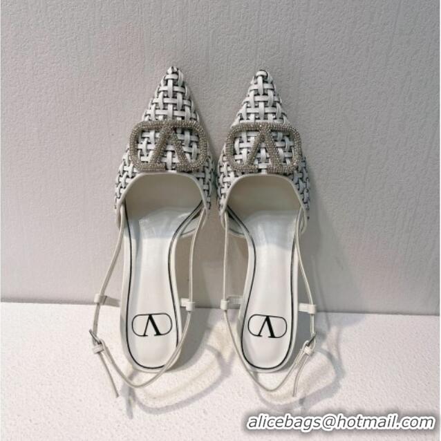 Most Popular Valentino VLogo Slingback Pumps 7.5cm in Woven Calfskin with Crystals White 027035