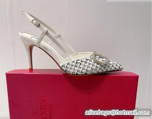 Most Popular Valentino VLogo Slingback Pumps 7.5cm in Woven Calfskin with Crystals White 027035