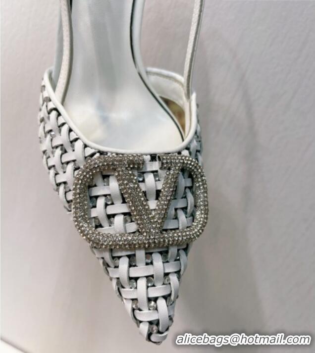 Most Popular Valentino VLogo Slingback Pumps 7.5cm in Woven Calfskin with Crystals White 027035