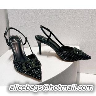 Good Product Valentino VLogo Slingback Pumps 7.5cm in Woven Calfskin with Crystals Black 027036