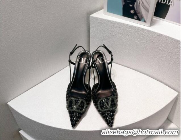 Good Product Valentino VLogo Slingback Pumps 7.5cm in Woven Calfskin with Crystals Black 027036