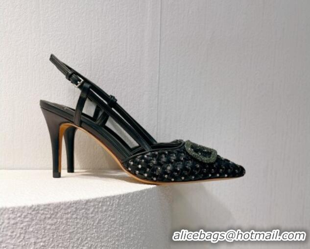 Good Product Valentino VLogo Slingback Pumps 7.5cm in Woven Calfskin with Crystals Black 027036