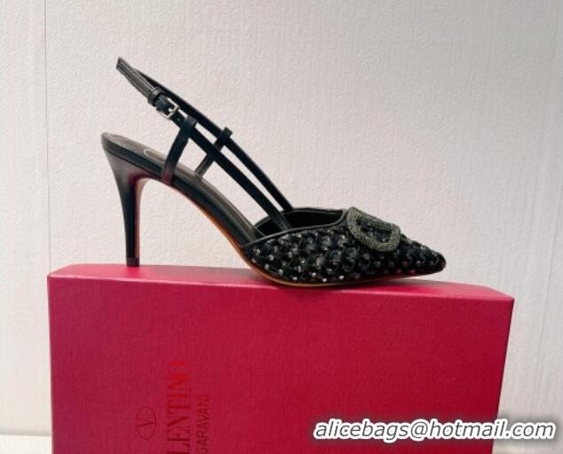 Good Product Valentino VLogo Slingback Pumps 7.5cm in Woven Calfskin with Crystals Black 027036