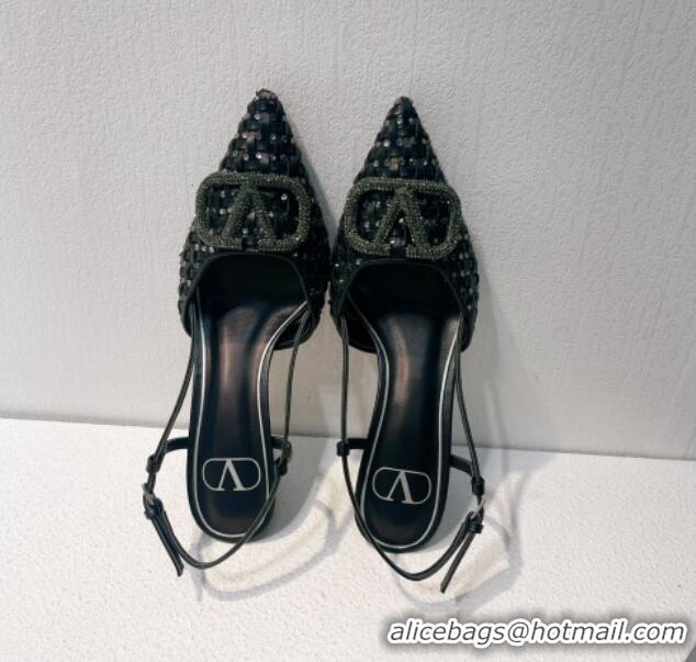 Good Product Valentino VLogo Slingback Pumps 7.5cm in Woven Calfskin with Crystals Black 027036