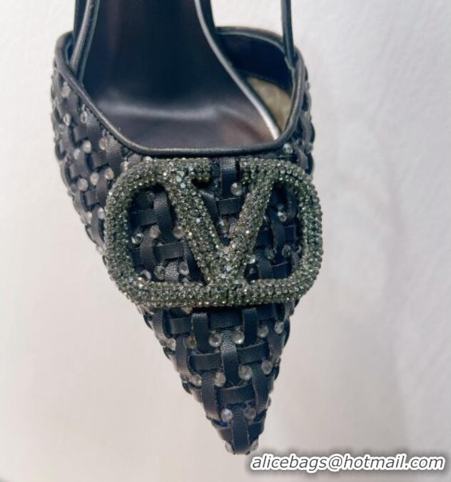 Good Product Valentino VLogo Slingback Pumps 7.5cm in Woven Calfskin with Crystals Black 027036