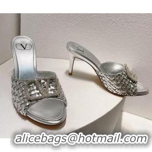 Feminine Valentino VLogo Heel Slide Sandals 7.5cm in Woven Calfskin with Crystals Silver 027037