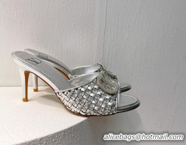 Feminine Valentino VLogo Heel Slide Sandals 7.5cm in Woven Calfskin with Crystals Silver 027037