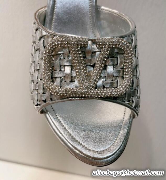 Feminine Valentino VLogo Heel Slide Sandals 7.5cm in Woven Calfskin with Crystals Silver 027037