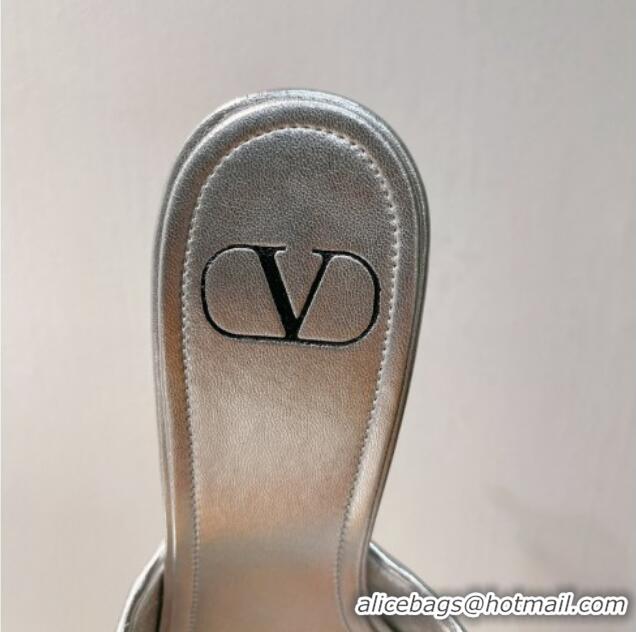 Feminine Valentino VLogo Heel Slide Sandals 7.5cm in Woven Calfskin with Crystals Silver 027037