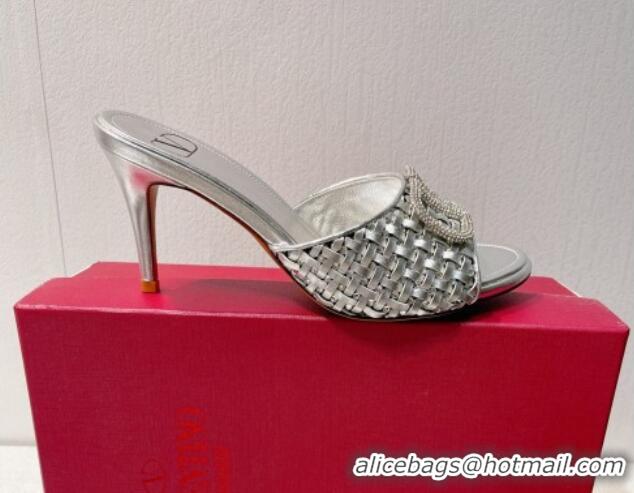 Feminine Valentino VLogo Heel Slide Sandals 7.5cm in Woven Calfskin with Crystals Silver 027037