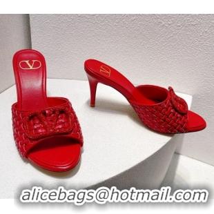 Luxurious Valentino VLogo Heel Slide Sandals 7.5cm in Woven Calfskin with Crystals Red 027038