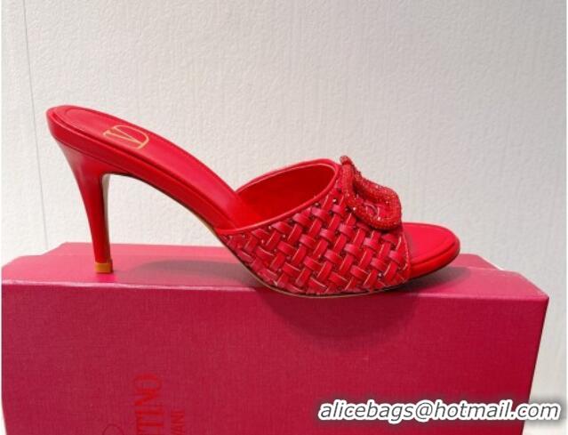 Luxurious Valentino VLogo Heel Slide Sandals 7.5cm in Woven Calfskin with Crystals Red 027038