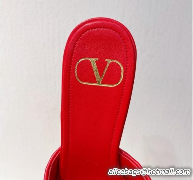 Luxurious Valentino VLogo Heel Slide Sandals 7.5cm in Woven Calfskin with Crystals Red 027038